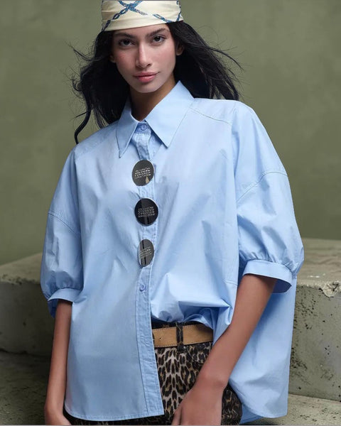 Oversize 3/4-Ärmel-Popeline-Hemd mit Knopfdetail blue