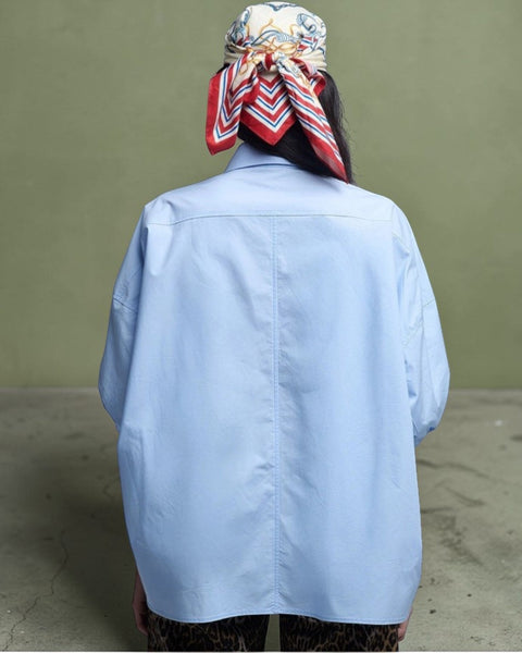 Oversize 3/4-Ärmel-Popeline-Hemd mit Knopfdetail blue