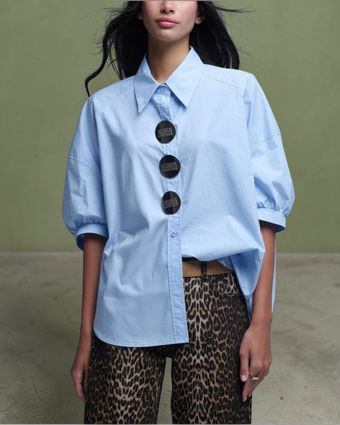 Oversize 3/4-Ärmel-Popeline-Hemd mit Knopfdetail blue