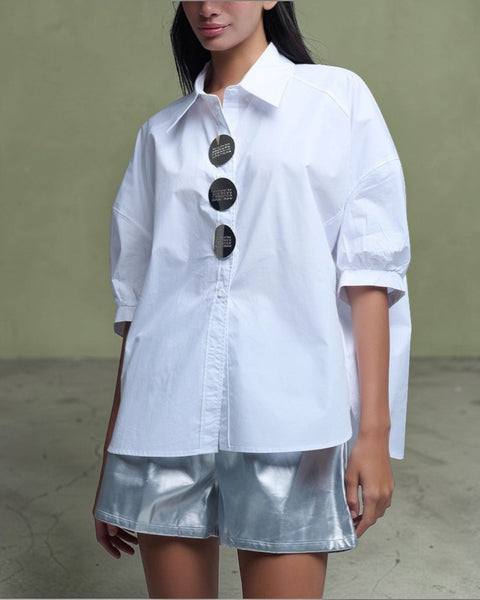 Oversize 3/4-Ärmel-Popeline-Hemd mit Knopfdetail weiss