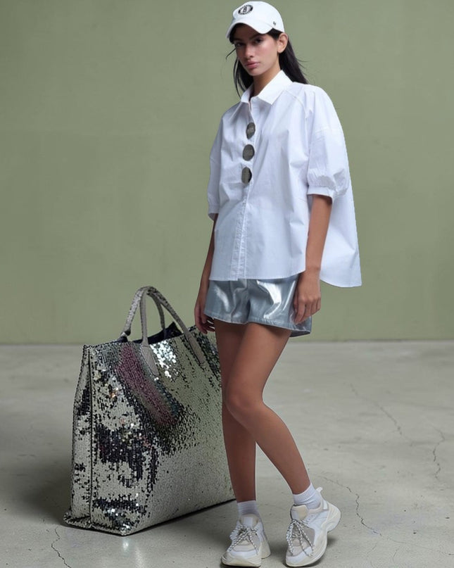 Chemise popeline manches 3/4 décontractée avec détail bouton blanc
