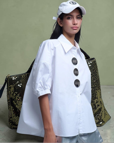 Oversize 3/4-Ärmel-Popeline-Hemd mit Knopfdetail weiss