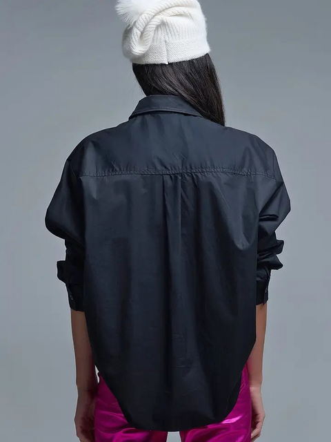 Oversize 3/4-Ärmel-Popeline-Hemd mit Knopfdetail schwarz