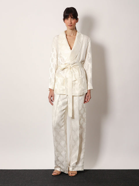 Jacquard silk trousers with floral motif