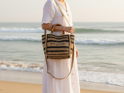 CROCHET Woven Shopper RIVE GAUCHE with Bamboo Handles