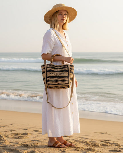 CROCHET Woven Shopper RIVE GAUCHE with Bamboo Handles