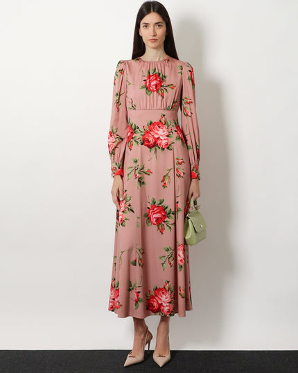 Long silk dress with Bouquet Rose print