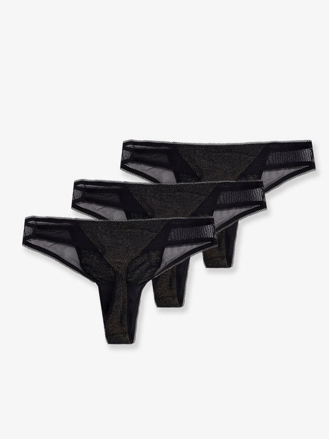 Lurex thong tripack with lace trim
