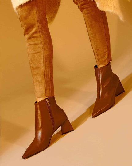 Mabea Brown Sheepskin Ankle Boots – 6.4cm Pointed Block Heel