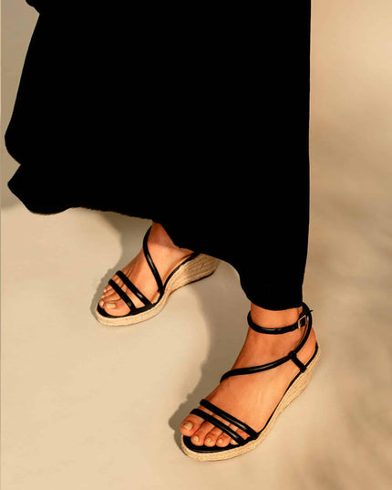 Romã Leder-Espadrille Schwarz mit Jute-Keilabsatz
