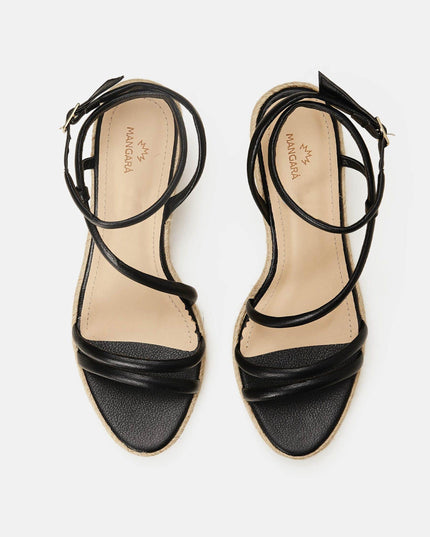 Romã Leder-Espadrille Schwarz mit Jute-Keilabsatz