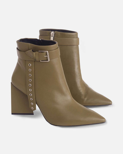 Salvia Green Leather Heeled Ankle Boots – Pointed Toe Elegant Design-1