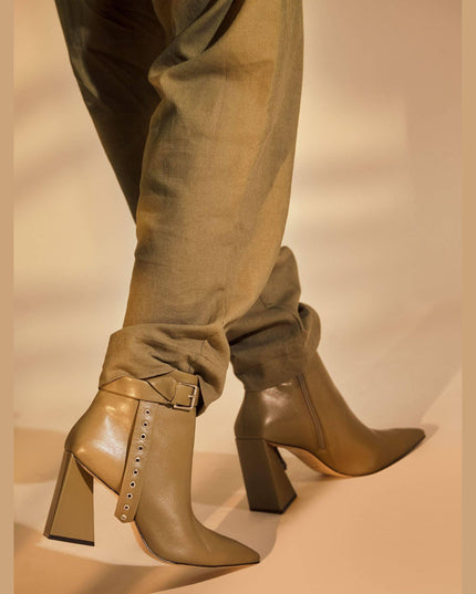Salvia Green Leather Heeled Ankle Boots – Pointed Toe Elegant Design-3