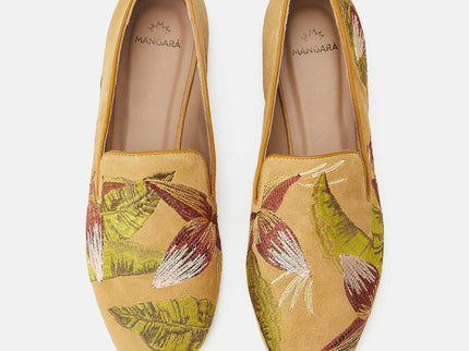 Canela Suede Yellow Leather Embroidered Loafers