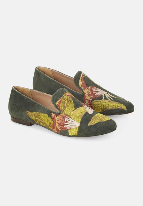 Green Suede Embroidered Loafers – Elegant Women’s Flat Shoes-1
