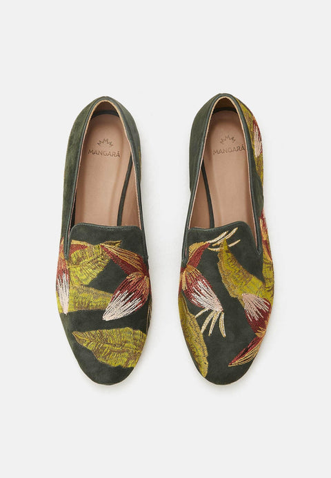 Green Suede Embroidered Loafers – Elegant Women’s Flat Shoes-2