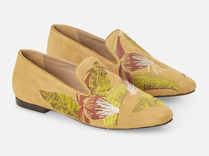 Canela Suede Yellow Leather Embroidered Loafers