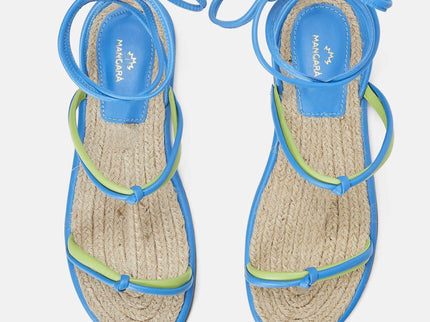 Urucum Leder-Schnürsandale Blau – Flach mit Raffia