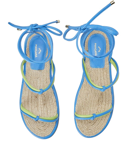 Urucum Leder-Schnürsandale Blau – Flach mit Raffia