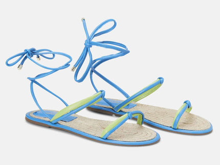 Urucum Leder-Schnürsandale Blau – Flach mit Raffia