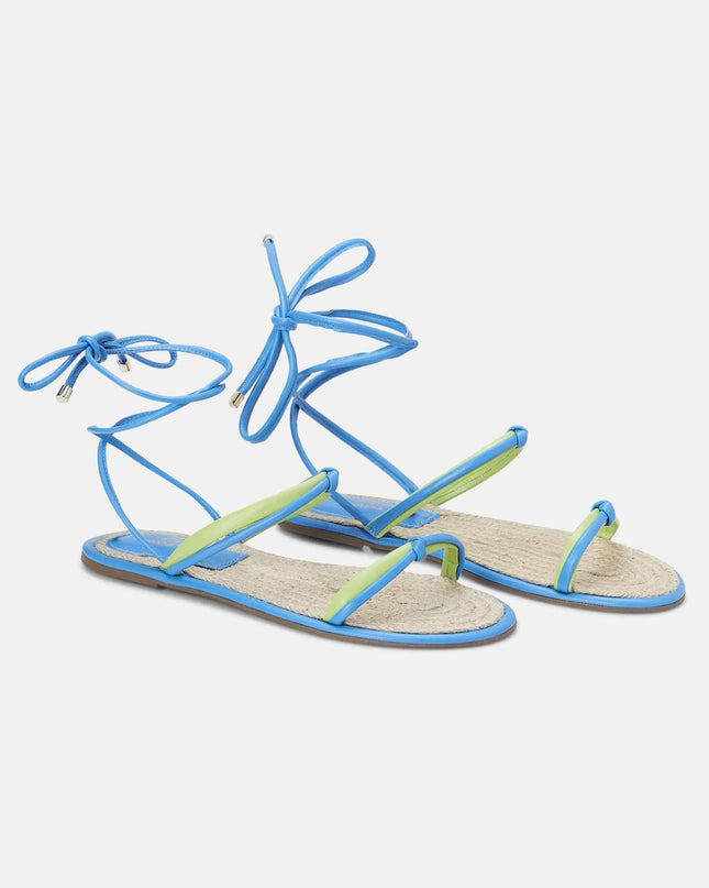 Urucum Leder-Schnürsandale Blau – Flach mit Raffia