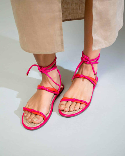Urucum Leder-Schnürsandale Rosa – Flach mit Raffia