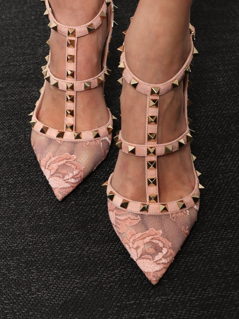 Rockstud suede and lace pumps