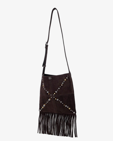 Suede shoulder bag with fringes and metal details