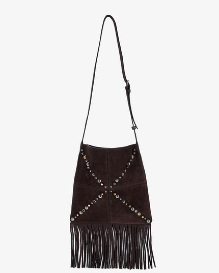 Suede shoulder bag with fringes and metal details