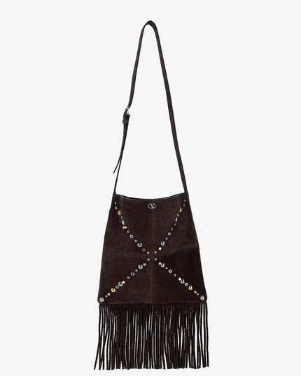Suede shoulder bag with fringes and metal details
