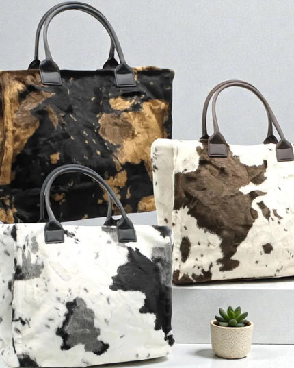 BIG Kuschel Shopper Felltasche mit Kuhmuster und festem Griff in 3 Farben - ModeEcho