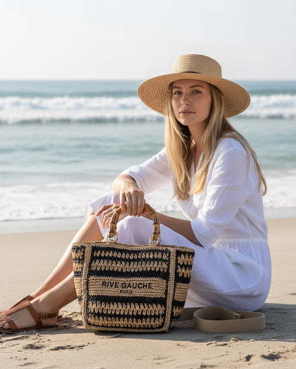 CROCHET Woven Shopper RIVE GAUCHE with Bamboo Handles