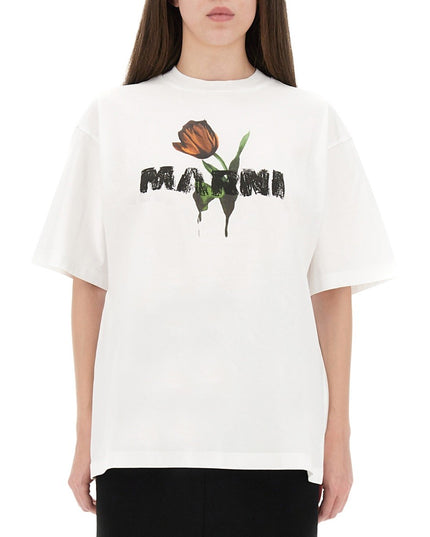 WHITE COTTON T-SHIRT WITH TULIP PRINT