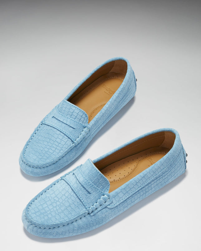 Women's Penny Driving Loafers, blue embossed suede-1