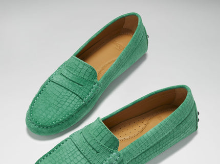 Women's Penny Driving Loafers, emerald embossed suede
