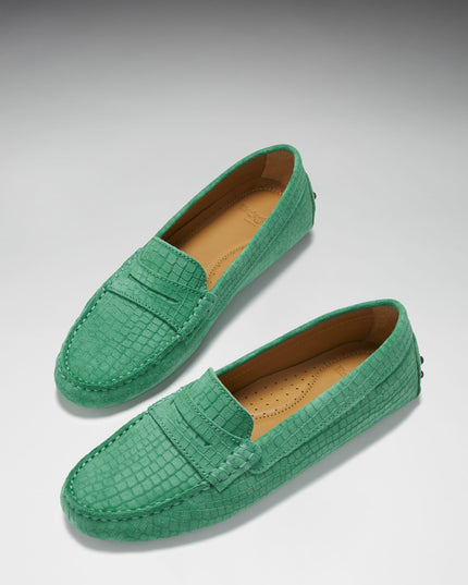Hugs & Co. Penny Driving Loafers – Emerald Wildleder mit Gecko-Print