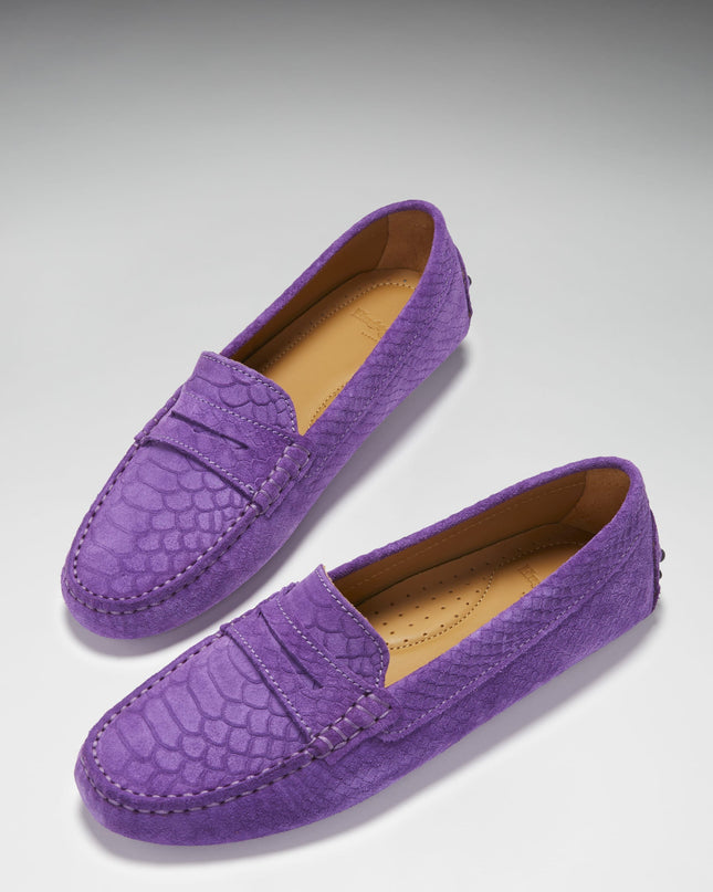 Women's Penny Driving Loafers, purple embossed suede-1