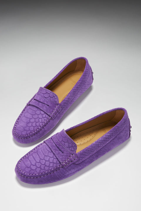 Women's Penny Driving Loafers, purple embossed suede-1