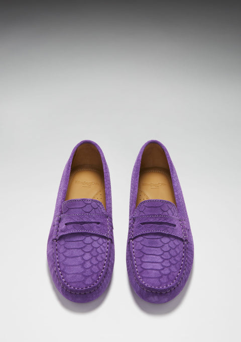 Women's Penny Driving Loafers, purple embossed suede-3