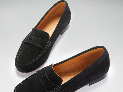 Women's Penny Loafers Leather Sole, black suede