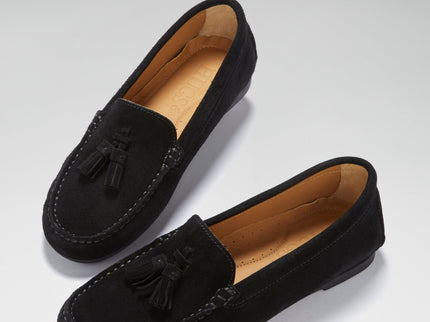 Women's Tasselled Driving Loafers Full Rubber Sole, black suede