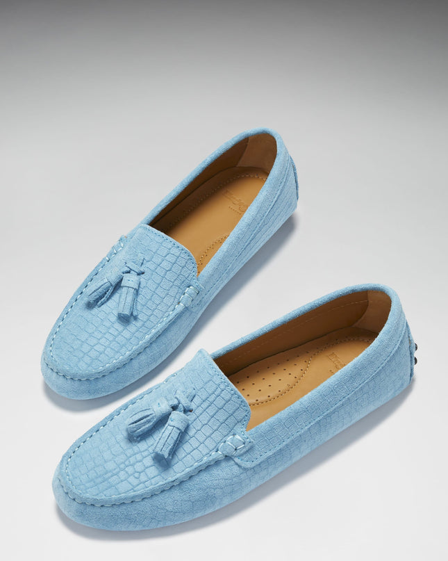 Women's Tasselled Driving Loafers, blue embossed suede-1