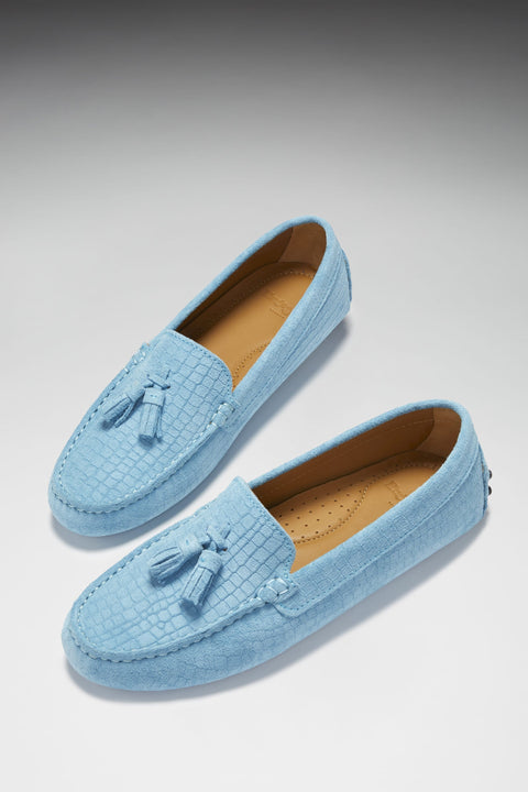 Women's Tasselled Driving Loafers, blue embossed suede-1