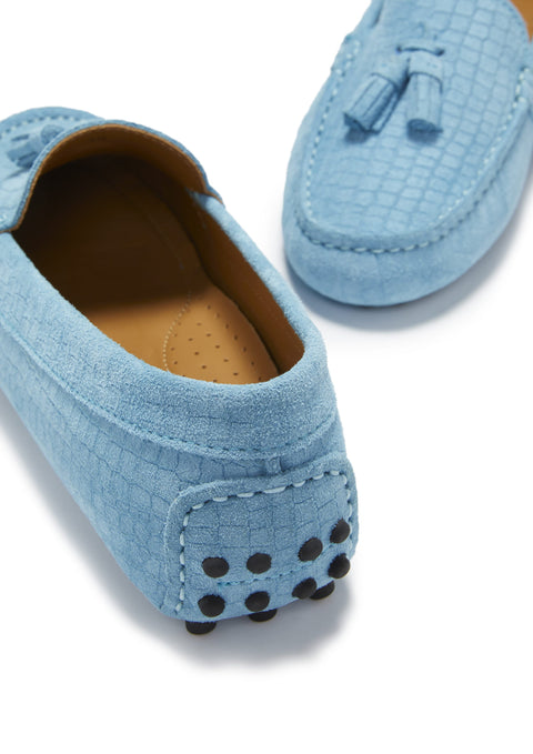 Women's Tasselled Driving Loafers, blue embossed suede-4