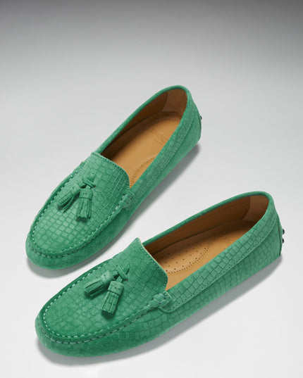 Women's Tasselled Driving Loafers, emerald embossed suede-1