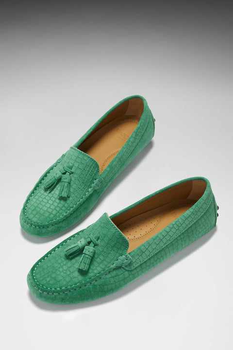 Women's Tasselled Driving Loafers, emerald embossed suede-1