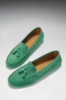 Damen Tasselled Driving Loafer Smaragdgrün Wildleder Gecko – Hugs & Co.