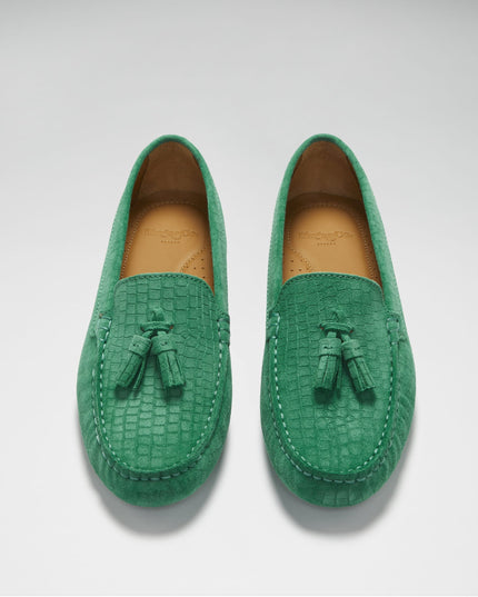 Women's Tasselled Driving Loafers, emerald embossed suede-3