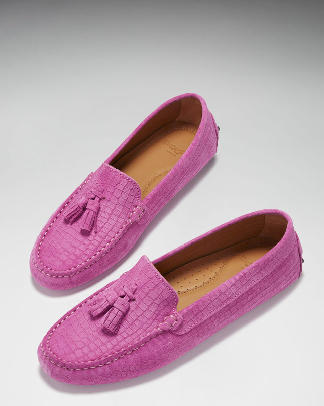 Women's Tasselled Driving Loafers, pink embossed suede-1