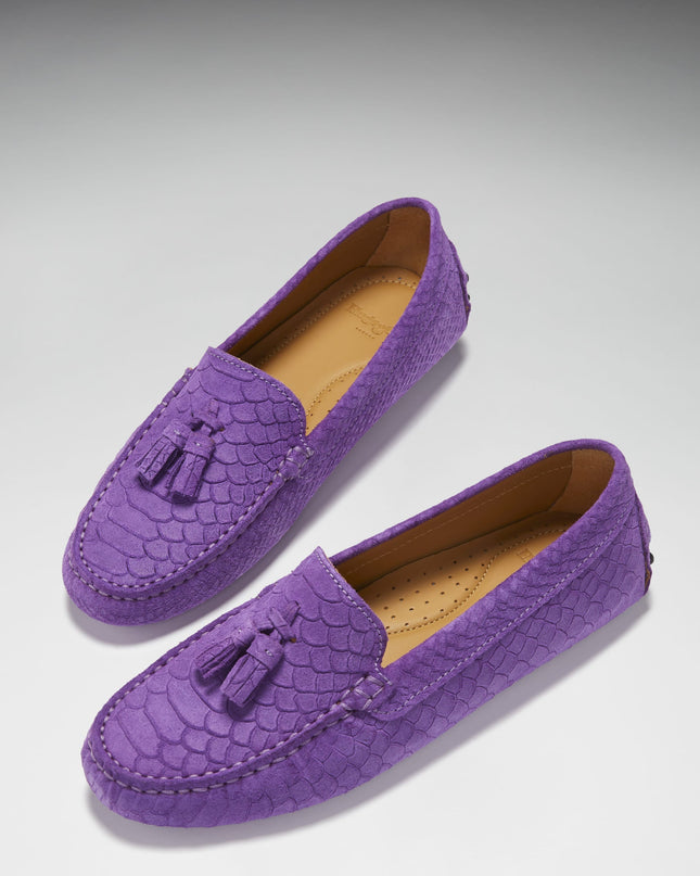 Women's Tasselled Driving Loafers, purple embossed suede-1
